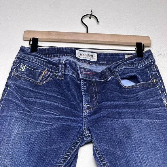 Y2K Mek Denim Jean Pant Women 30x34 Moscow Slim Boot Flared Distressed Blue - Picture 14 of 15